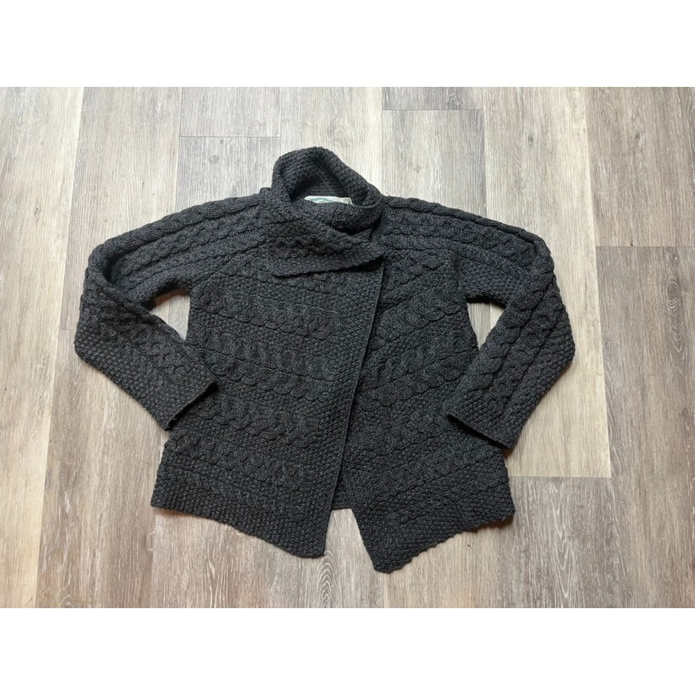 Vtg Aran Charcoal Gray Braided Cable Knit Irish Merino Wool Cardigan Sweater S